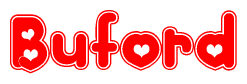 The image is a clipart featuring the word Buford written in a stylized font with a heart shape replacing inserted into the center of each letter. The color scheme of the text and hearts is red with a light outline.