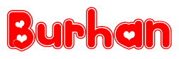 The image is a clipart featuring the word Burhan written in a stylized font with a heart shape replacing inserted into the center of each letter. The color scheme of the text and hearts is red with a light outline.
