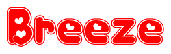 The image is a clipart featuring the word Breeze written in a stylized font with a heart shape replacing inserted into the center of each letter. The color scheme of the text and hearts is red with a light outline.