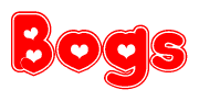 The image is a red and white graphic with the word Bogs written in a decorative script. Each letter in  is contained within its own outlined bubble-like shape. Inside each letter, there is a white heart symbol.