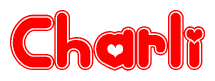 The image displays the word Charli written in a stylized red font with hearts inside the letters.