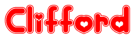 The image is a red and white graphic with the word Clifford written in a decorative script. Each letter in  is contained within its own outlined bubble-like shape. Inside each letter, there is a white heart symbol.