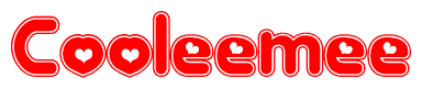 The image is a red and white graphic with the word Cooleemee written in a decorative script. Each letter in  is contained within its own outlined bubble-like shape. Inside each letter, there is a white heart symbol.