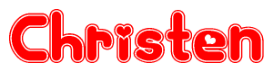The image is a red and white graphic with the word Christen written in a decorative script. Each letter in  is contained within its own outlined bubble-like shape. Inside each letter, there is a white heart symbol.