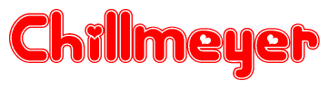The image is a clipart featuring the word Chillmeyer written in a stylized font with a heart shape replacing inserted into the center of each letter. The color scheme of the text and hearts is red with a light outline.