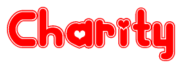 The image is a red and white graphic with the word Charity written in a decorative script. Each letter in  is contained within its own outlined bubble-like shape. Inside each letter, there is a white heart symbol.