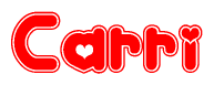 The image is a red and white graphic with the word Carri written in a decorative script. Each letter in  is contained within its own outlined bubble-like shape. Inside each letter, there is a white heart symbol.