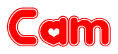 The image is a red and white graphic with the word Cam written in a decorative script. Each letter in  is contained within its own outlined bubble-like shape. Inside each letter, there is a white heart symbol.