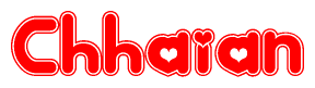 The image is a red and white graphic with the word Chhaian written in a decorative script. Each letter in  is contained within its own outlined bubble-like shape. Inside each letter, there is a white heart symbol.
