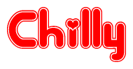 The image is a clipart featuring the word Chilly written in a stylized font with a heart shape replacing inserted into the center of each letter. The color scheme of the text and hearts is red with a light outline.