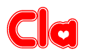 The image is a red and white graphic with the word Cla written in a decorative script. Each letter in  is contained within its own outlined bubble-like shape. Inside each letter, there is a white heart symbol.