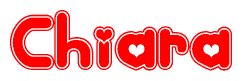 The image is a red and white graphic with the word Chiara written in a decorative script. Each letter in  is contained within its own outlined bubble-like shape. Inside each letter, there is a white heart symbol.