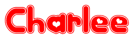 The image is a red and white graphic with the word Charlee written in a decorative script. Each letter in  is contained within its own outlined bubble-like shape. Inside each letter, there is a white heart symbol.