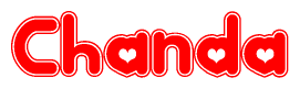 The image is a clipart featuring the word Chanda written in a stylized font with a heart shape replacing inserted into the center of each letter. The color scheme of the text and hearts is red with a light outline.