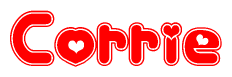 The image is a red and white graphic with the word Corrie written in a decorative script. Each letter in  is contained within its own outlined bubble-like shape. Inside each letter, there is a white heart symbol.