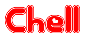 The image is a clipart featuring the word Chell written in a stylized font with a heart shape replacing inserted into the center of each letter. The color scheme of the text and hearts is red with a light outline.