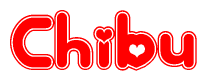 The image is a red and white graphic with the word Chibu written in a decorative script. Each letter in  is contained within its own outlined bubble-like shape. Inside each letter, there is a white heart symbol.