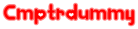 The image is a red and white graphic with the word Cmptrdummy written in a decorative script. Each letter in  is contained within its own outlined bubble-like shape. Inside each letter, there is a white heart symbol.