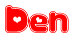 The image displays the word Den written in a stylized red font with hearts inside the letters.