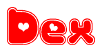 The image is a red and white graphic with the word Dex written in a decorative script. Each letter in  is contained within its own outlined bubble-like shape. Inside each letter, there is a white heart symbol.