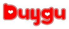 The image is a clipart featuring the word Duygu written in a stylized font with a heart shape replacing inserted into the center of each letter. The color scheme of the text and hearts is red with a light outline.
