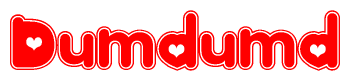 The image is a clipart featuring the word Dumdumd written in a stylized font with a heart shape replacing inserted into the center of each letter. The color scheme of the text and hearts is red with a light outline.