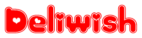 The image is a clipart featuring the word Deliwish written in a stylized font with a heart shape replacing inserted into the center of each letter. The color scheme of the text and hearts is red with a light outline.