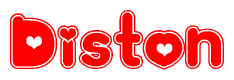 The image is a red and white graphic with the word Diston written in a decorative script. Each letter in  is contained within its own outlined bubble-like shape. Inside each letter, there is a white heart symbol.