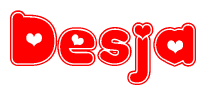The image is a clipart featuring the word Desja written in a stylized font with a heart shape replacing inserted into the center of each letter. The color scheme of the text and hearts is red with a light outline.