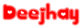 The image is a red and white graphic with the word Deejhay written in a decorative script. Each letter in  is contained within its own outlined bubble-like shape. Inside each letter, there is a white heart symbol.