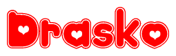 The image displays the word Drasko written in a stylized red font with hearts inside the letters.