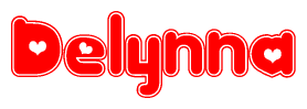 The image is a clipart featuring the word Delynna written in a stylized font with a heart shape replacing inserted into the center of each letter. The color scheme of the text and hearts is red with a light outline.