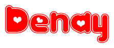 The image is a clipart featuring the word Denay written in a stylized font with a heart shape replacing inserted into the center of each letter. The color scheme of the text and hearts is red with a light outline.