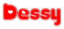 The image is a clipart featuring the word Dessy written in a stylized font with a heart shape replacing inserted into the center of each letter. The color scheme of the text and hearts is red with a light outline.