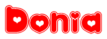The image is a red and white graphic with the word Donia written in a decorative script. Each letter in  is contained within its own outlined bubble-like shape. Inside each letter, there is a white heart symbol.
