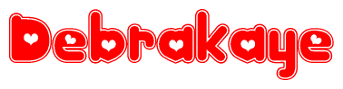 The image is a red and white graphic with the word Debrakaye written in a decorative script. Each letter in  is contained within its own outlined bubble-like shape. Inside each letter, there is a white heart symbol.