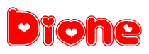 The image is a clipart featuring the word Dione written in a stylized font with a heart shape replacing inserted into the center of each letter. The color scheme of the text and hearts is red with a light outline.