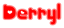 The image is a red and white graphic with the word Derryl written in a decorative script. Each letter in  is contained within its own outlined bubble-like shape. Inside each letter, there is a white heart symbol.