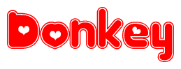 The image is a red and white graphic with the word Donkey written in a decorative script. Each letter in  is contained within its own outlined bubble-like shape. Inside each letter, there is a white heart symbol.