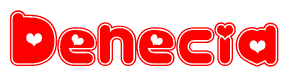 The image is a clipart featuring the word Denecia written in a stylized font with a heart shape replacing inserted into the center of each letter. The color scheme of the text and hearts is red with a light outline.