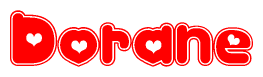 The image is a clipart featuring the word Dorane written in a stylized font with a heart shape replacing inserted into the center of each letter. The color scheme of the text and hearts is red with a light outline.