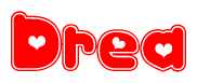 The image displays the word Drea written in a stylized red font with hearts inside the letters.
