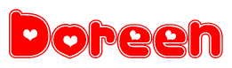 The image is a red and white graphic with the word Doreen written in a decorative script. Each letter in  is contained within its own outlined bubble-like shape. Inside each letter, there is a white heart symbol.