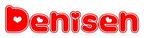 The image is a red and white graphic with the word Denisen written in a decorative script. Each letter in  is contained within its own outlined bubble-like shape. Inside each letter, there is a white heart symbol.