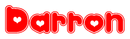 The image is a red and white graphic with the word Darron written in a decorative script. Each letter in  is contained within its own outlined bubble-like shape. Inside each letter, there is a white heart symbol.