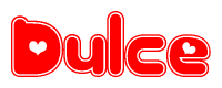 The image is a clipart featuring the word Dulce written in a stylized font with a heart shape replacing inserted into the center of each letter. The color scheme of the text and hearts is red with a light outline.