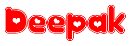 The image is a red and white graphic with the word Deepak written in a decorative script. Each letter in  is contained within its own outlined bubble-like shape. Inside each letter, there is a white heart symbol.