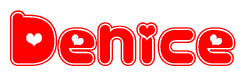 The image is a red and white graphic with the word Denice written in a decorative script. Each letter in  is contained within its own outlined bubble-like shape. Inside each letter, there is a white heart symbol.