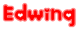 The image is a red and white graphic with the word Edwinq written in a decorative script. Each letter in  is contained within its own outlined bubble-like shape. Inside each letter, there is a white heart symbol.