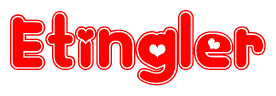The image is a red and white graphic with the word Etingler written in a decorative script. Each letter in  is contained within its own outlined bubble-like shape. Inside each letter, there is a white heart symbol.